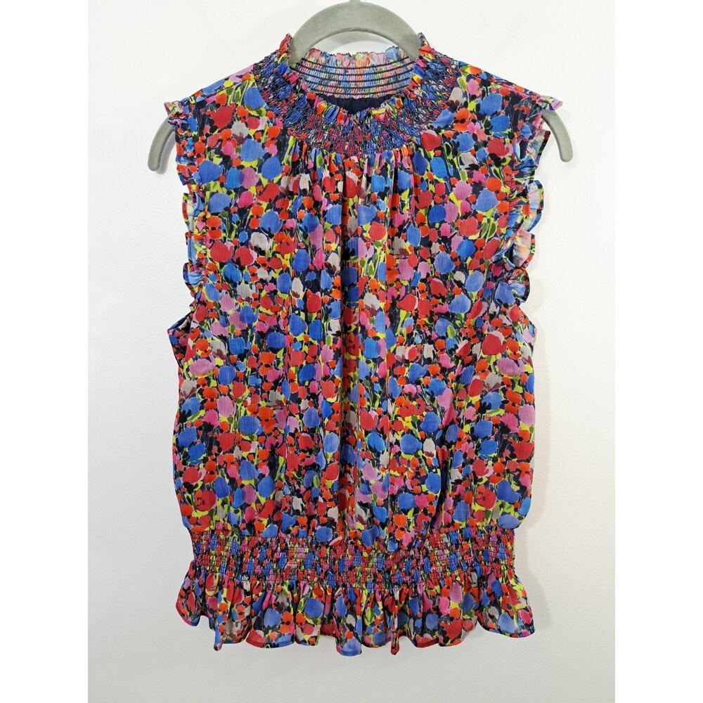 J. Crew Women's Red Blue Smocked Peplum Hem Floral Blouse In Size 8
